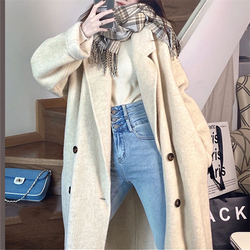 Oatmeal double-sided cashmere coat for women 2023 Korean mid-length double-breasted high-end woolen coat coat