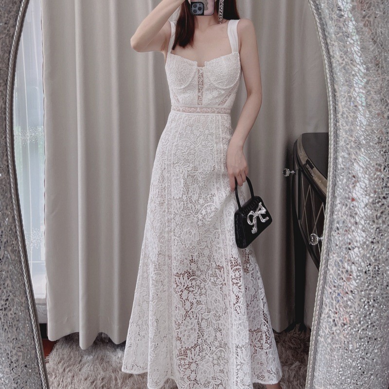 2023 new sexy off-shoulder backless slim waist-hugging temperament slim suspender dress white lace long skirt