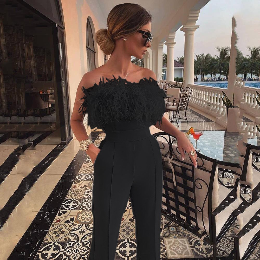 2023 spring and summer new European and American women's feather tube top solid color pants, one word shoulder -back sexy jumpsuit