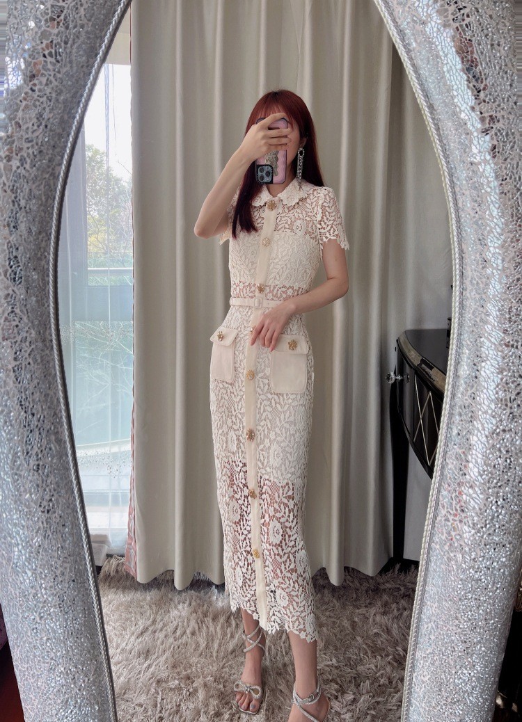 2023 Spring and Summer New Women's Sexy Little Skill Lace Mid-Long Dress Lapel Short Sleeve Dress Beige Black