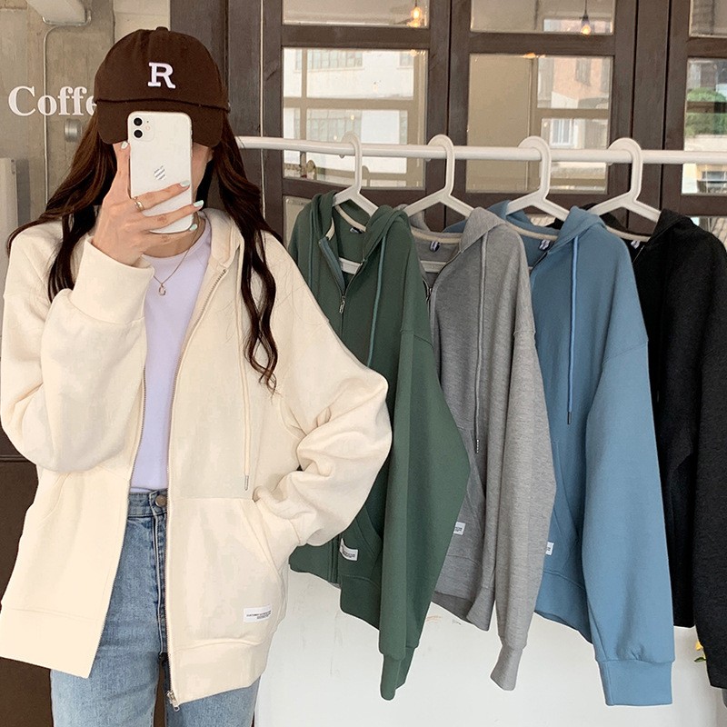 Korean style loose BF style long-sleeved cardigan hooded sweatshirt casual jacket for women 2023 spring and autumn college style solid color top