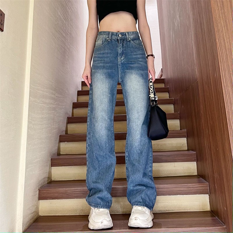 Classic American retro straight jeans for women 2023 spring Korean version high waist loose wide legs floor long trousers trendy