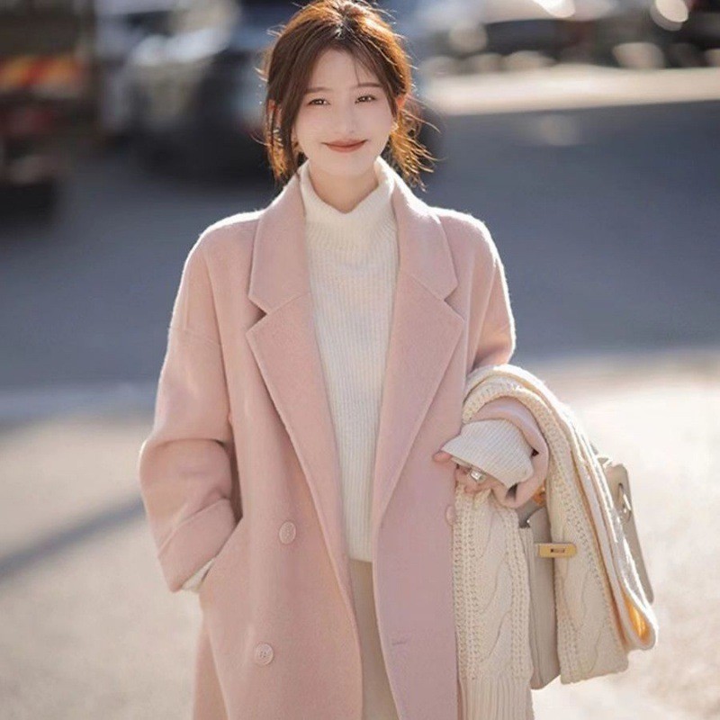 High-end double-sided cashmere pure wool coat for women 2023 autumn and winter new Korean loose mid-length jacket for women