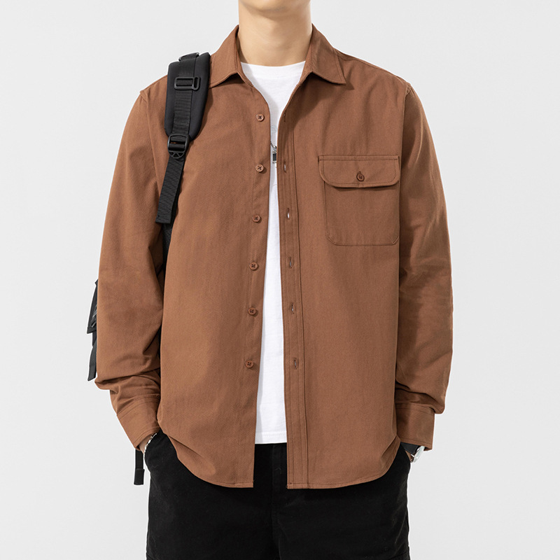 Spring new long-sleeved shirt men's 2024 trendy American solid color shirt cotton casual jacket men's jacket