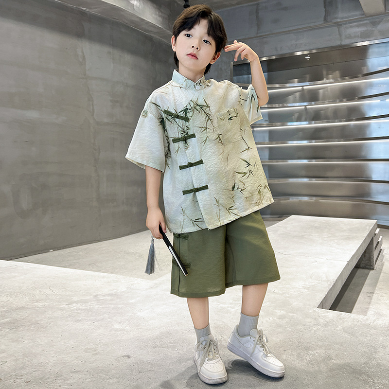 Boys Summer New Chinese Suit 2024 New Internet Celebrity Fried Street National Fashion Antique Hanfu Bamboo Leaf Summer High Quality