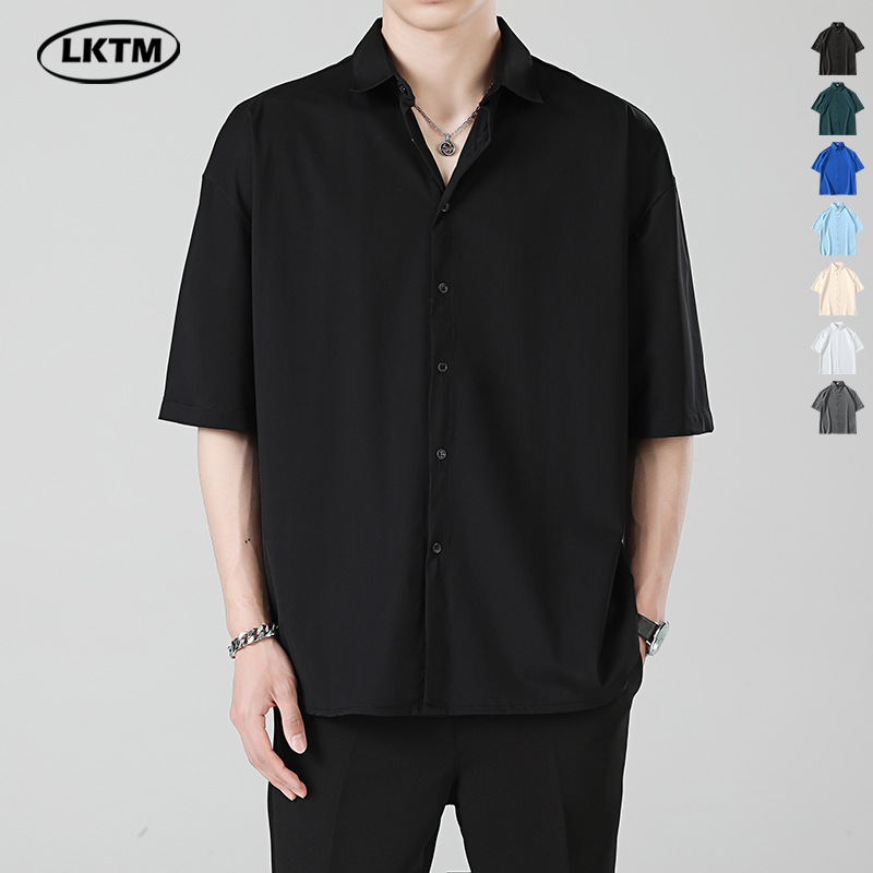 LKTM Men's# Summer Ice Silk Thin Black Short-sleeved Shirt Men's High-end Fashioned Brand Pluck Handsome Casual Shirt