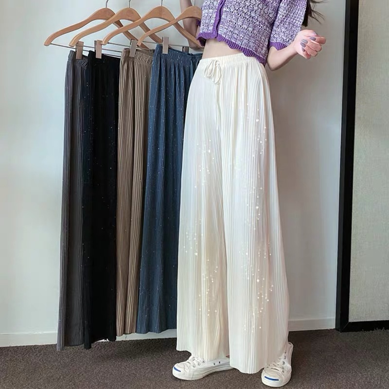 Starry Sky Sparkling Wide Leg Pants Women's Summer Loose Straight Pleated Ice Silk Pants Draped Trousers Thin High Waist Casual Pants