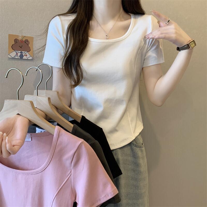 Square Collar Fishbone Short-sleeved T-shirt Women's Korean 2023 Summer Slim-fit Slimming Short Spice Girls Collarbone Shoulder Top