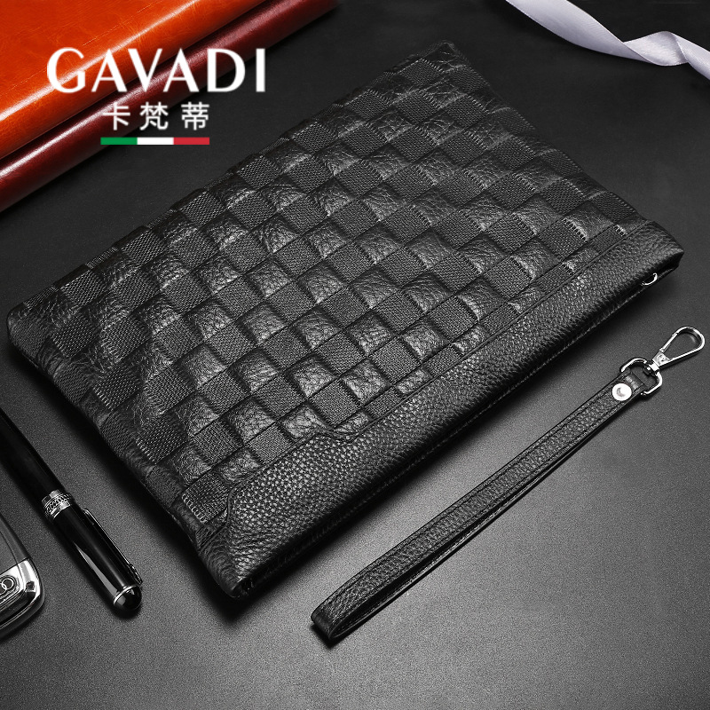 Rhombic first layer cowhide men's handbag light luxury famous brand high-end clutch casual fashion brand leather clutch envelope bag