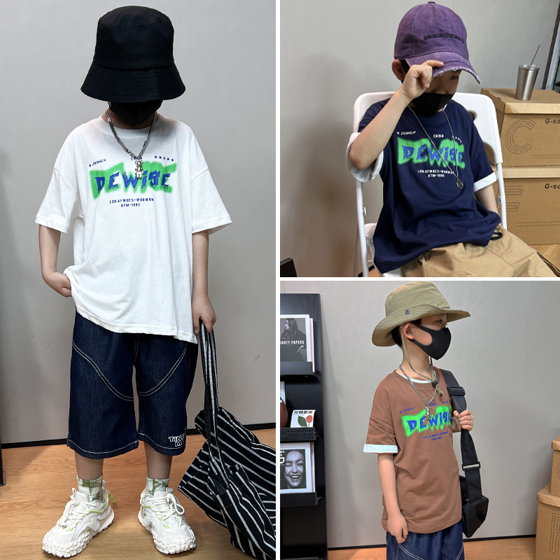 Japanese Summer New Boys' Short-sleeved Mid-large Children's Handsome Loose Half-sleeved Top with Letter Children's Western Style Baby T-shirt