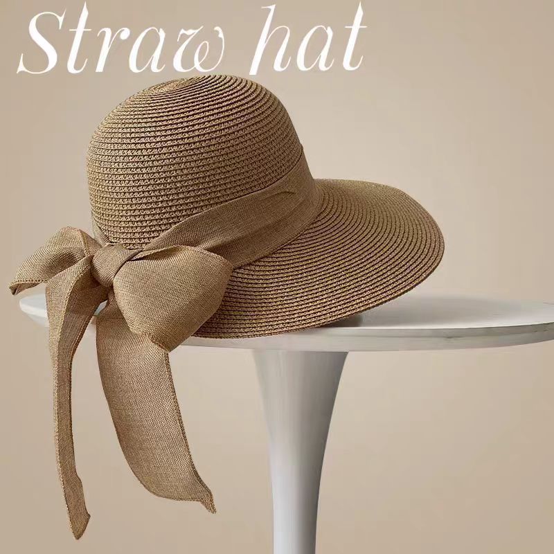Hat Women's Summer Outdoor Seaside Sunscreen Straw Hat Bow Beach Hat Folded Woven Sun Hat