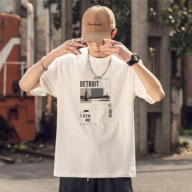 Short-sleeved T-shirt men's cotton short-sleeved feet 230g heavy loose Tide brand summer round neck men's T-shirt