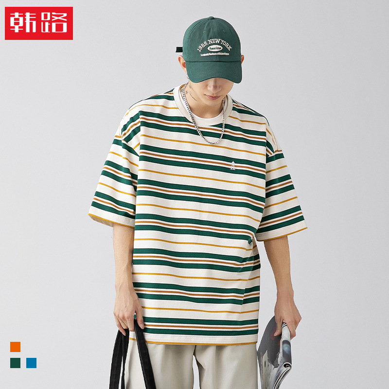 Korean Road Japanese Men's Fashion Brand Retro Contrast Color Striped T-shirt Men's Spring and Summer New Loose All-match Couple's Short Sleeve
