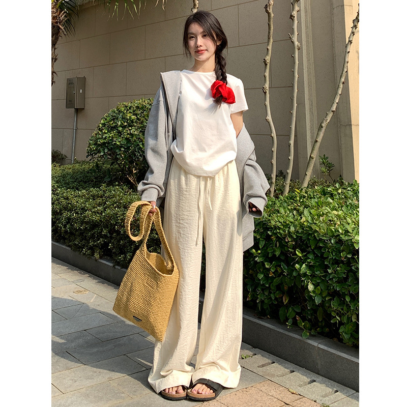 Nantao Pleated Texture Loose Waist Leather Pants Women's 2024 New Thin Lazy Loose Wide Leg High Waist Casual Pants