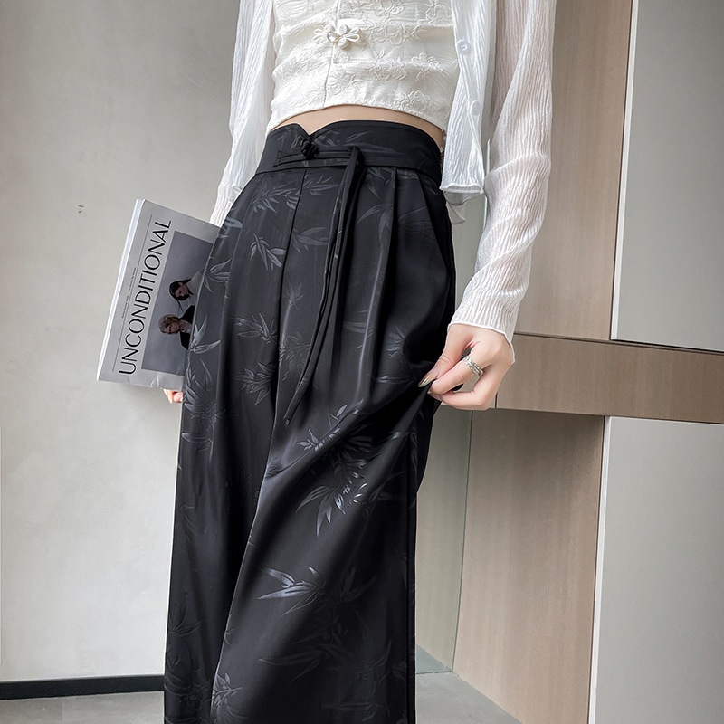 New Chinese Style Satin Embossed Wide Leg Pants Women's Summer Thin High Waist Straight Pants Narrow Draped Casual Pants