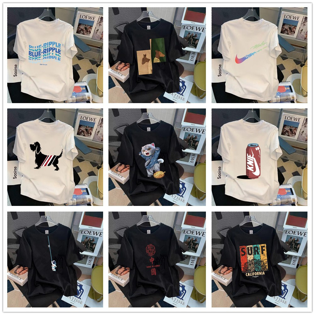 Pure Cotton T-Shirt 2023 Trendy Brand Sports New Men's Loose Large Size Round Neck Printed Internet Celebrity Base Top